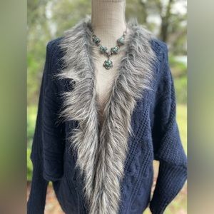 NWOT Rare Bohemian Faux Fur Cardigan Sweater Navy Blue. One Size.